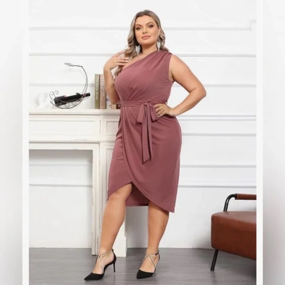 Size 16W - Hanna Nikole One Shoulder Cocktail Dress in Dusty Rose
